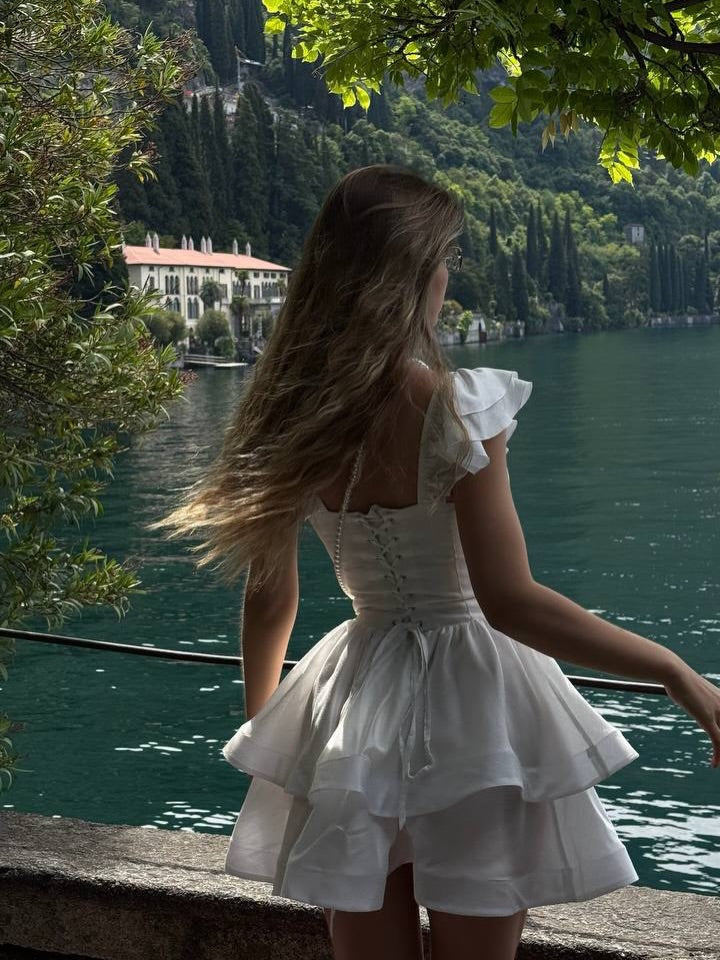 Corset Tiered Mini Dress with Flutter Sleeves