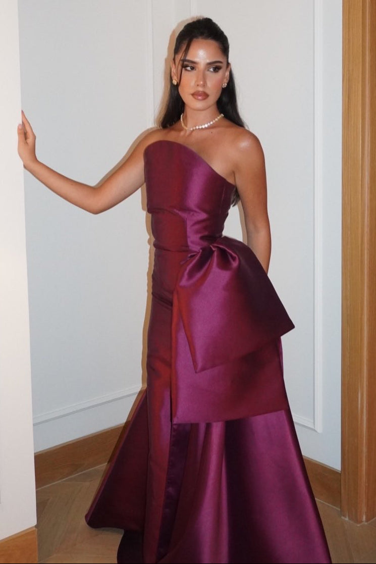 Strapless Satin Mermaid Evening Gown with Bow Detail