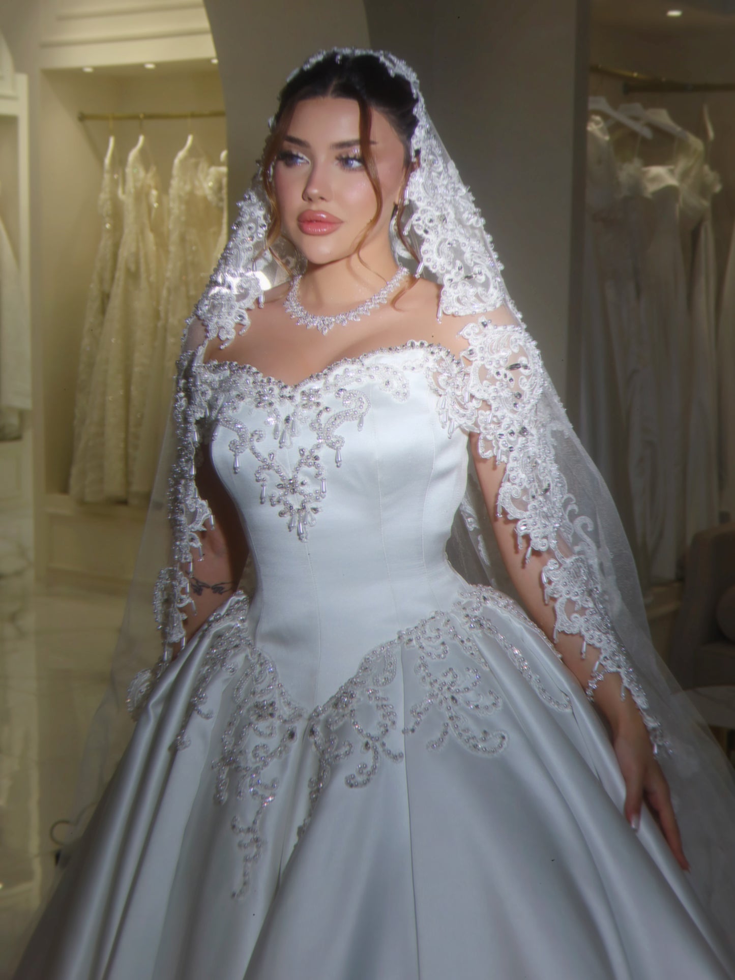 Beaded Lace Off-the-Shoulder Satin Ball Gown