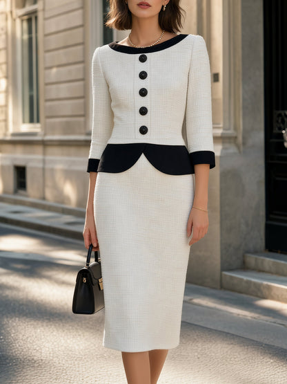 Contrast Trim Peplum Midi Dress with 3/4 Sleeves