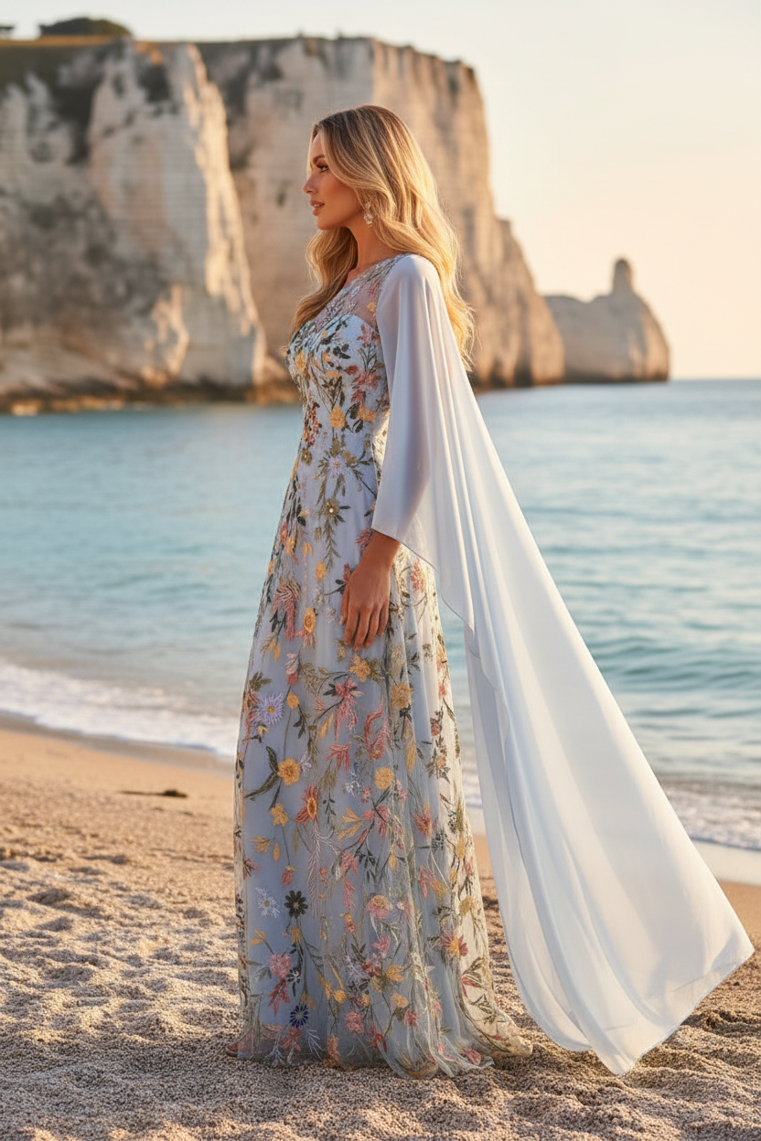 Floral Embroidered One-Shoulder Gown, Draped Sleeve