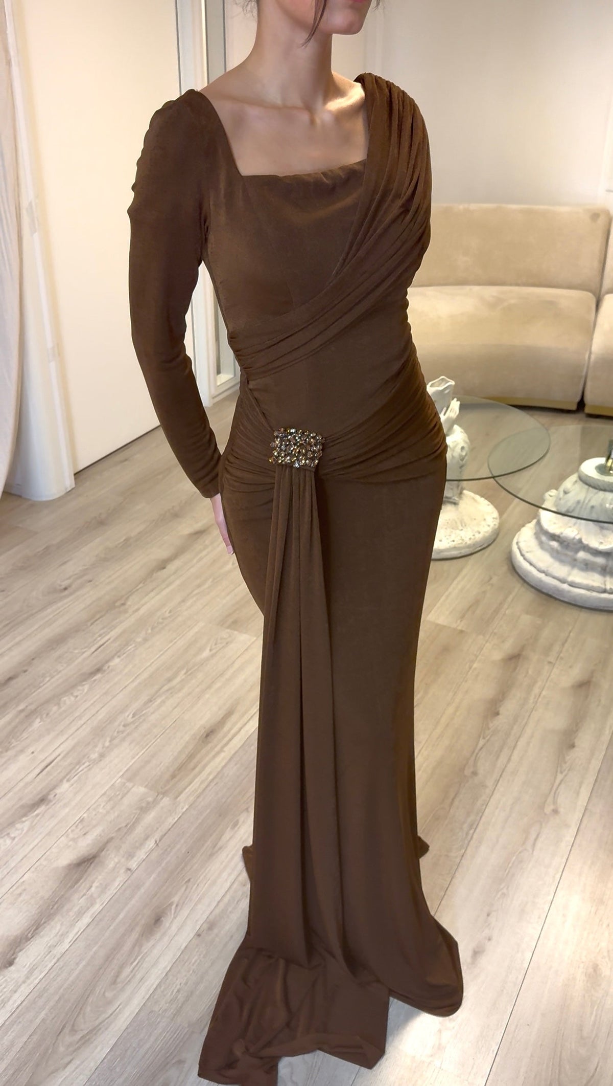 Draped Long Sleeve Formal Gown with Brooch