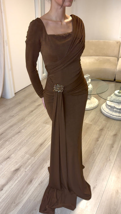 Draped Long Sleeve Formal Gown with Brooch