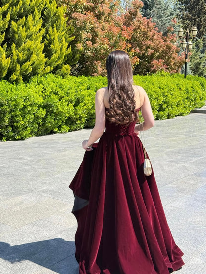 Strapless Velvet A-Line Ball Gown with Lace-Up Back