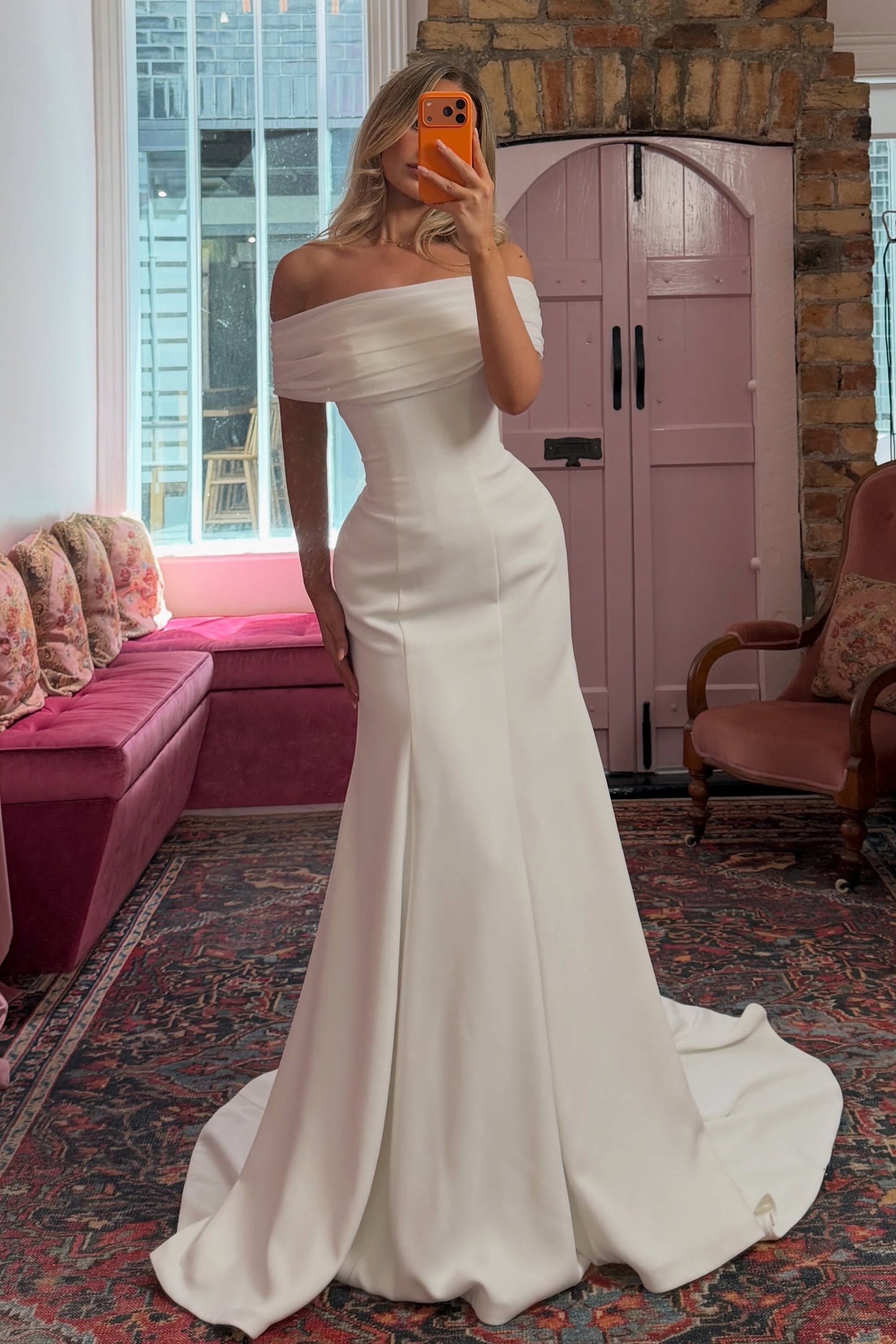 Off-Shoulder Satin Mermaid Wedding Gown with Train