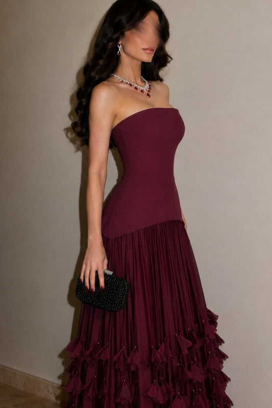 Strapless Corset Pleated Ruffle Evening Gown