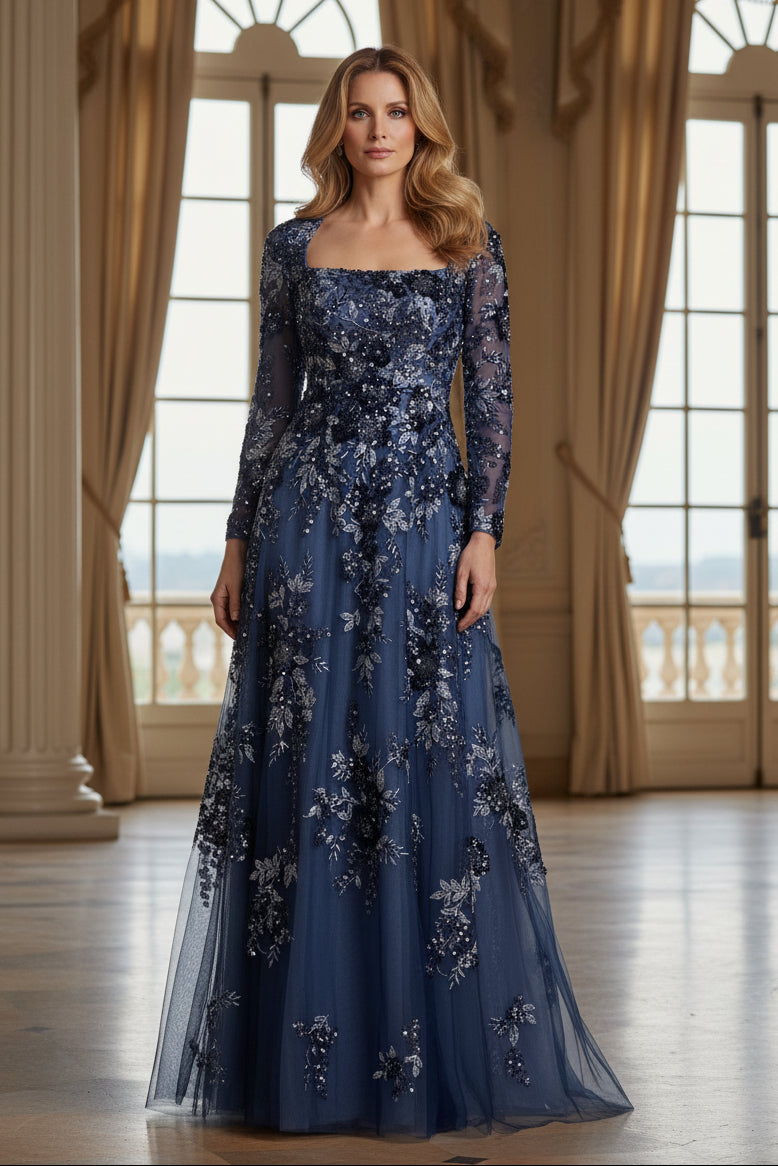 Floral Sequin Long Sleeve A-Line Evening Gown