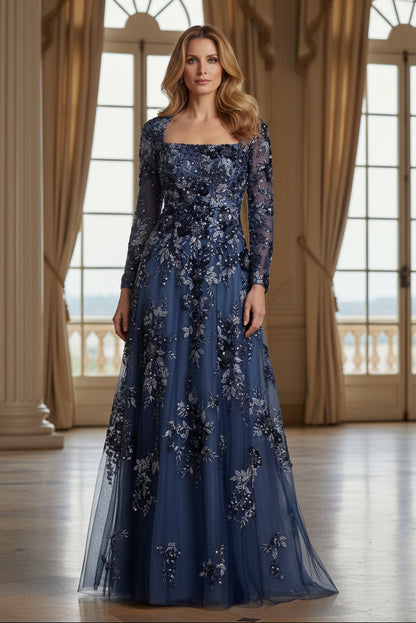 Floral Sequin Long Sleeve A-Line Evening Gown