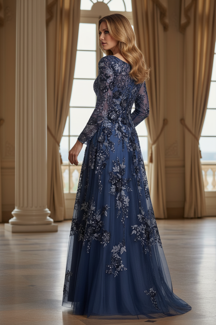 Floral Sequin Long Sleeve A-Line Evening Gown
