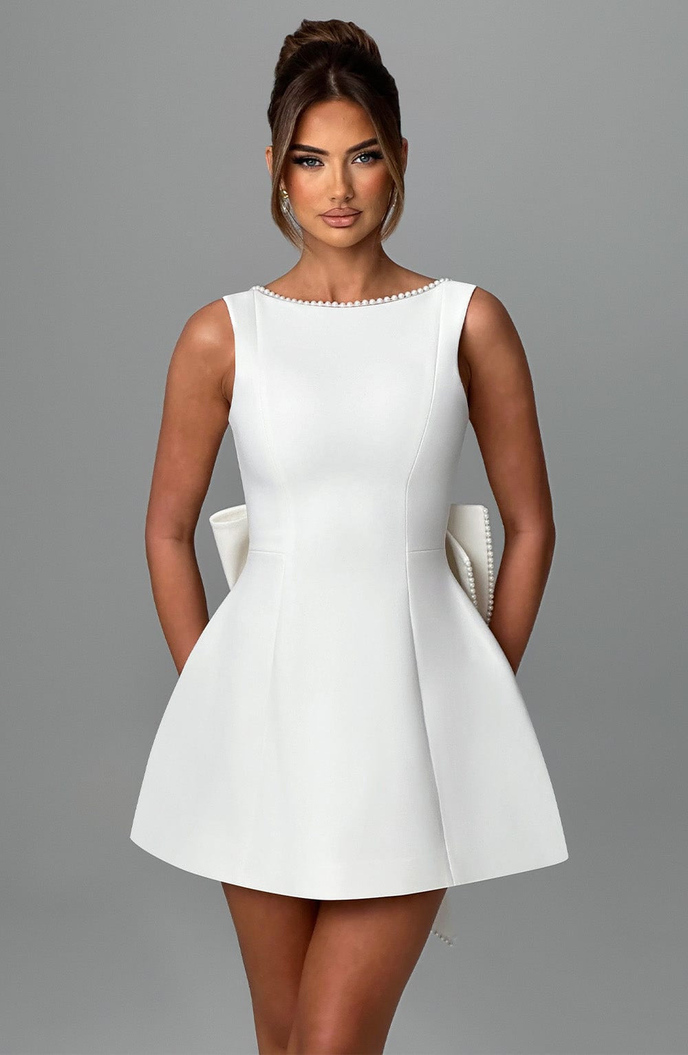 Pearl Trim Open Back Mini Dress with Statement Bow