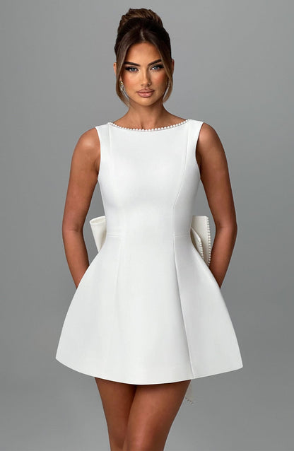 Pearl Trim Open Back Mini Dress with Statement Bow