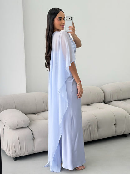 Chiffon Cape Maxi Dress with Column Skirt