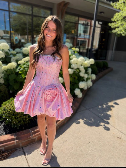 Strapless Rhinestone Bubble Skirt Mini Dress