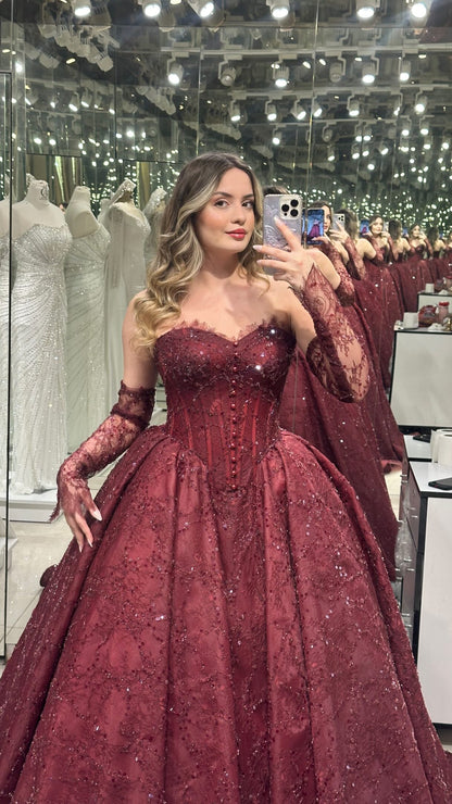 Corset Ball Gown with Sleeves and Beading