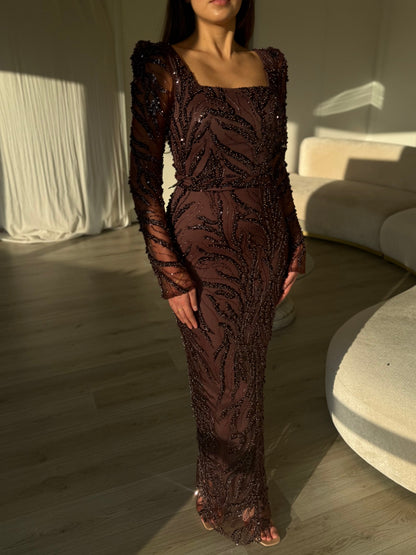 Beaded Square Neck Column Gown with Long Sleeves