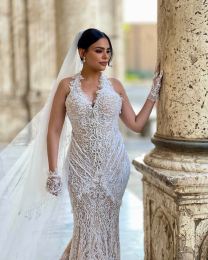 Halter Lace Mermaid Wedding Dress with Detachable Train