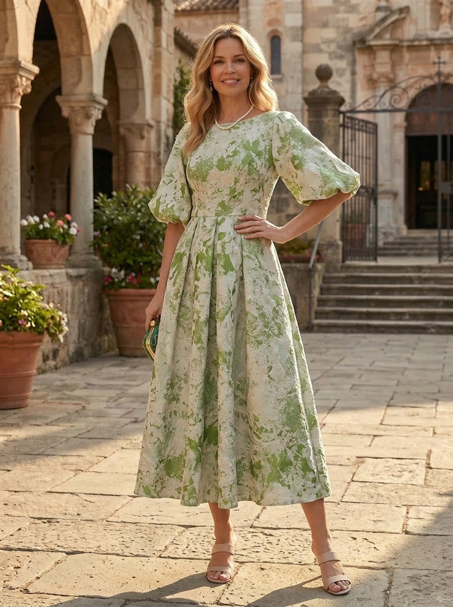 Elegant Pleated A-Line Tea-Length Dress with Puff Sleeves