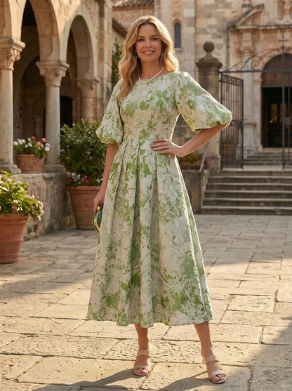 Elegant Pleated A-Line Tea-Length Dress with Puff Sleeves