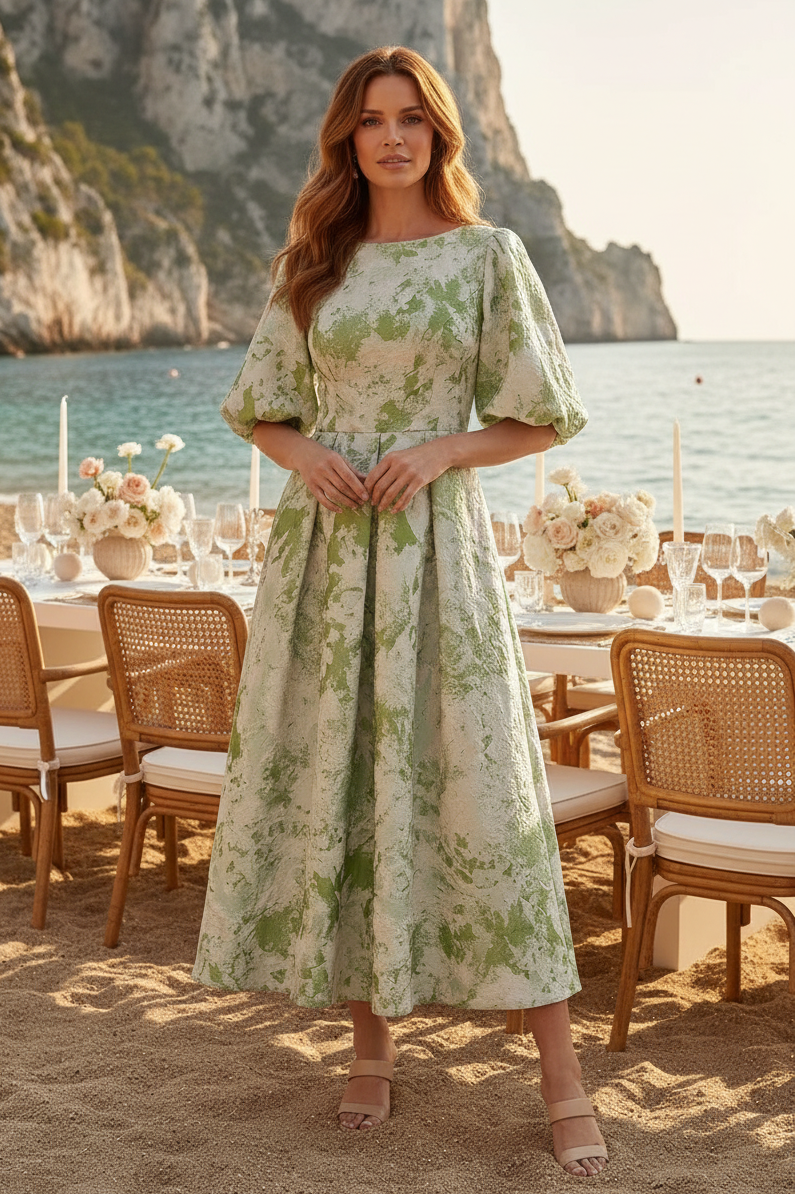 Elegant Pleated A-Line Tea-Length Dress with Puff Sleeves