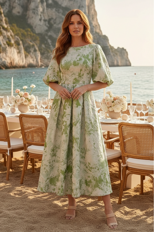 Elegant Pleated A-Line Tea-Length Dress with Puff Sleeves