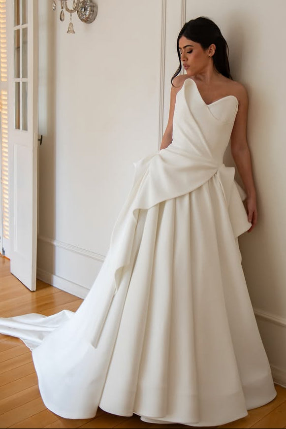 Strapless Asymmetrical Pleated Wedding Dress