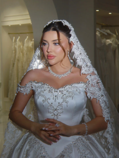 Beaded Lace Off-the-Shoulder Satin Ball Gown