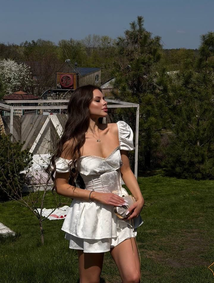Jacquard Corset Puff Sleeve Tiered Mini Dress