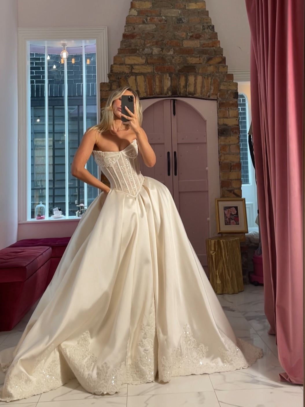 Strapless Corset Ball Gown with Beaded Lace Hem