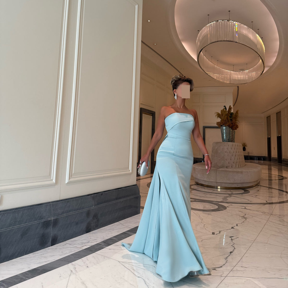 Strapless Asymmetric Bodice Gown with Back Train