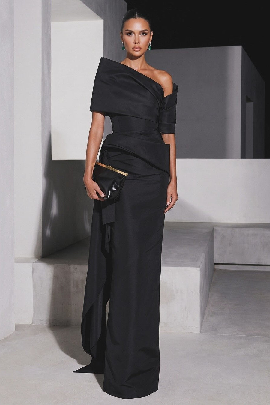 One-Shoulder Sculptural Draped Evening Gown