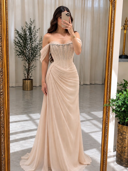 Beaded Corset Off-the-Shoulder Draped Gown