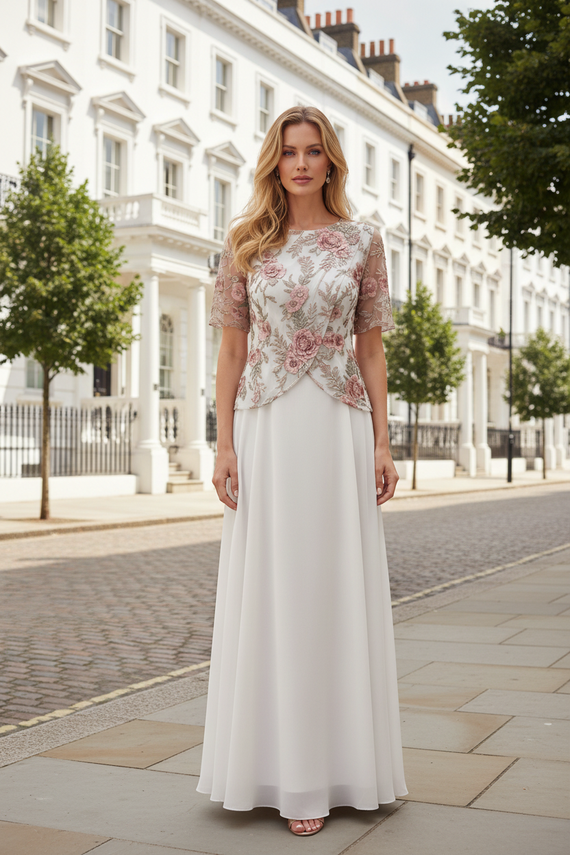 Floral Embroidered Wrap-Front Mother of the Bride Dress