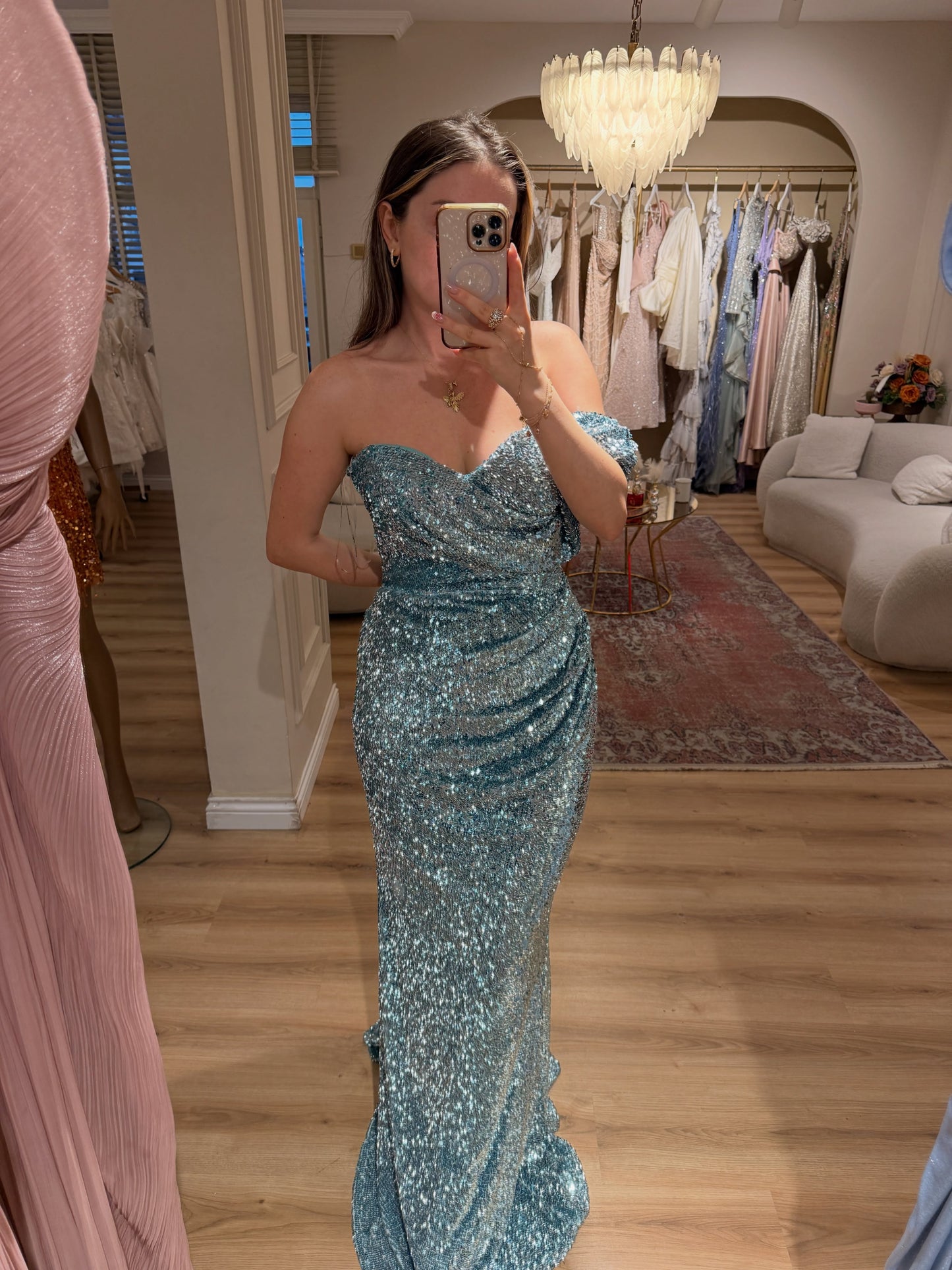 Asymmetrical Ruched Sequin Evening Gown
