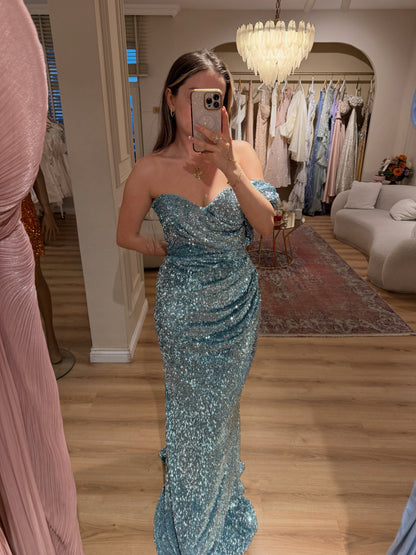 Asymmetrical Ruched Sequin Evening Gown