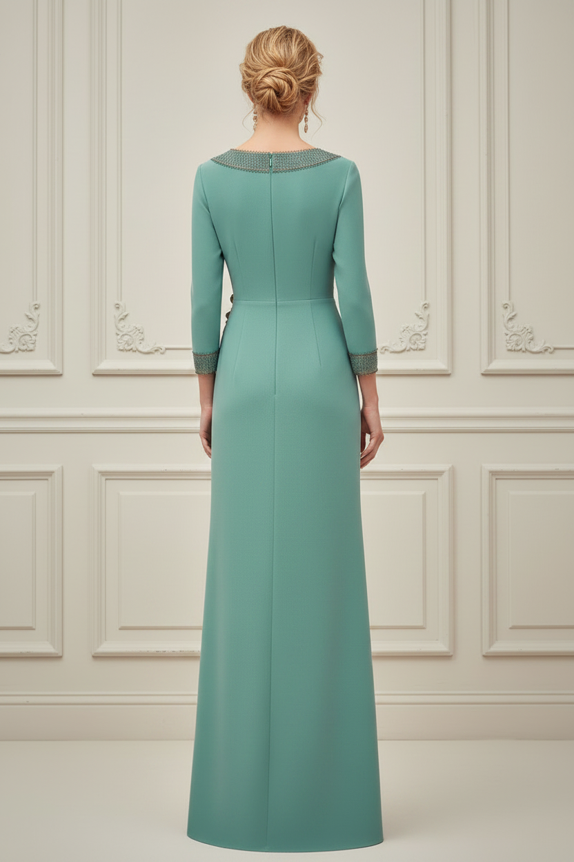 V-Neck 3/4 Sleeve Crepe Gown with 3D Flowers