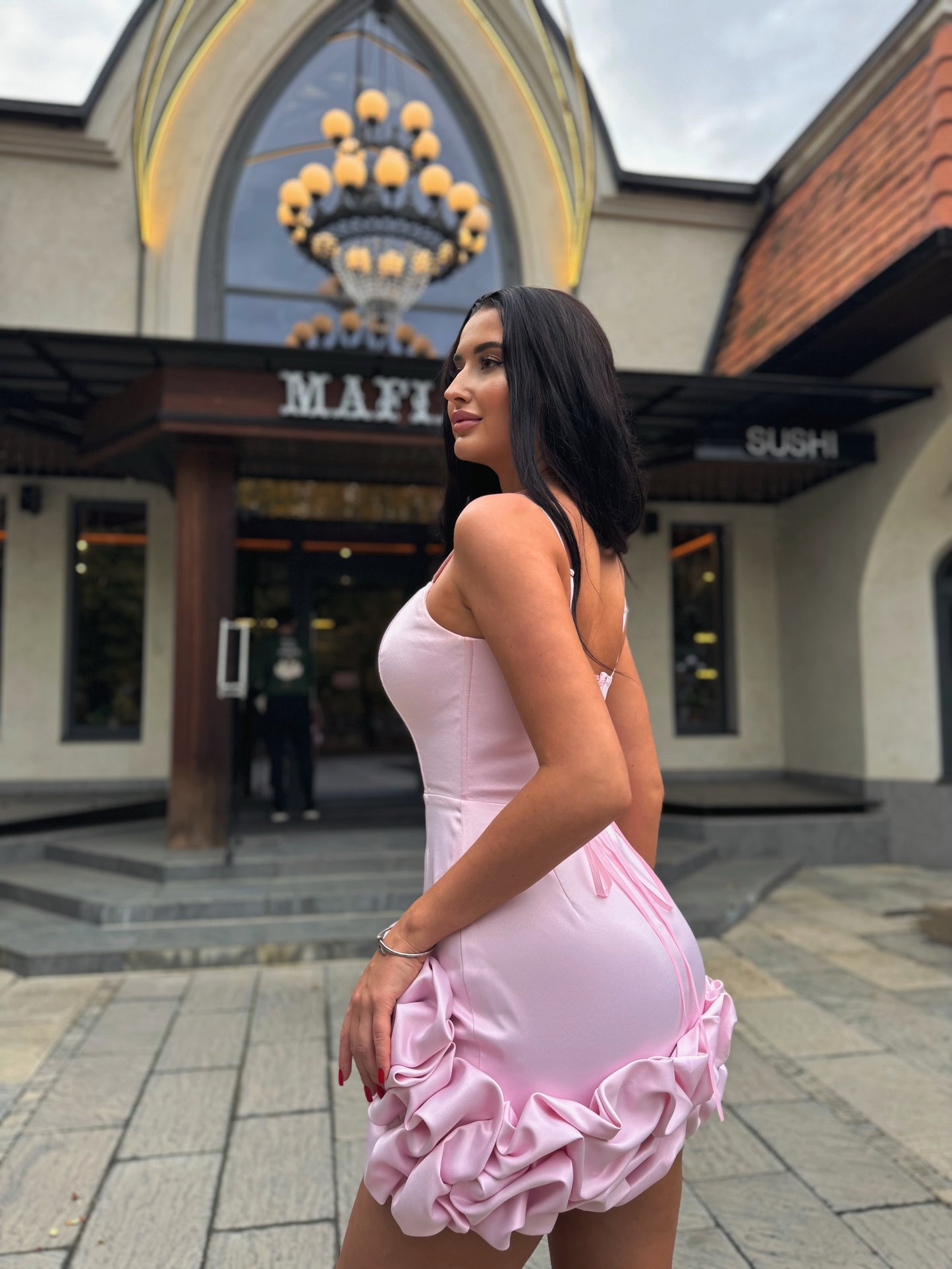 Satin Corset Mini Dress with 3D Flower Ruffles