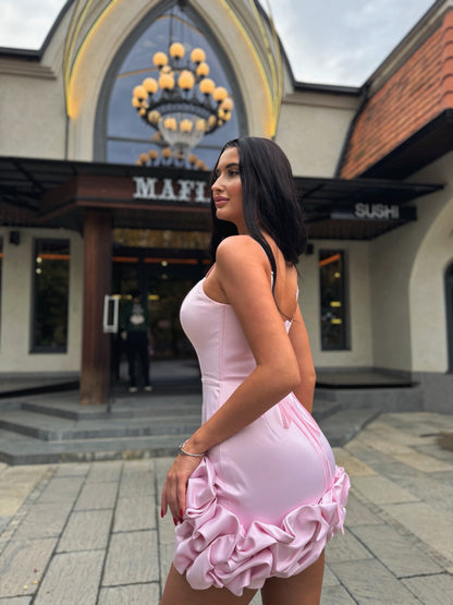 Satin Corset Mini Dress with 3D Flower Ruffles