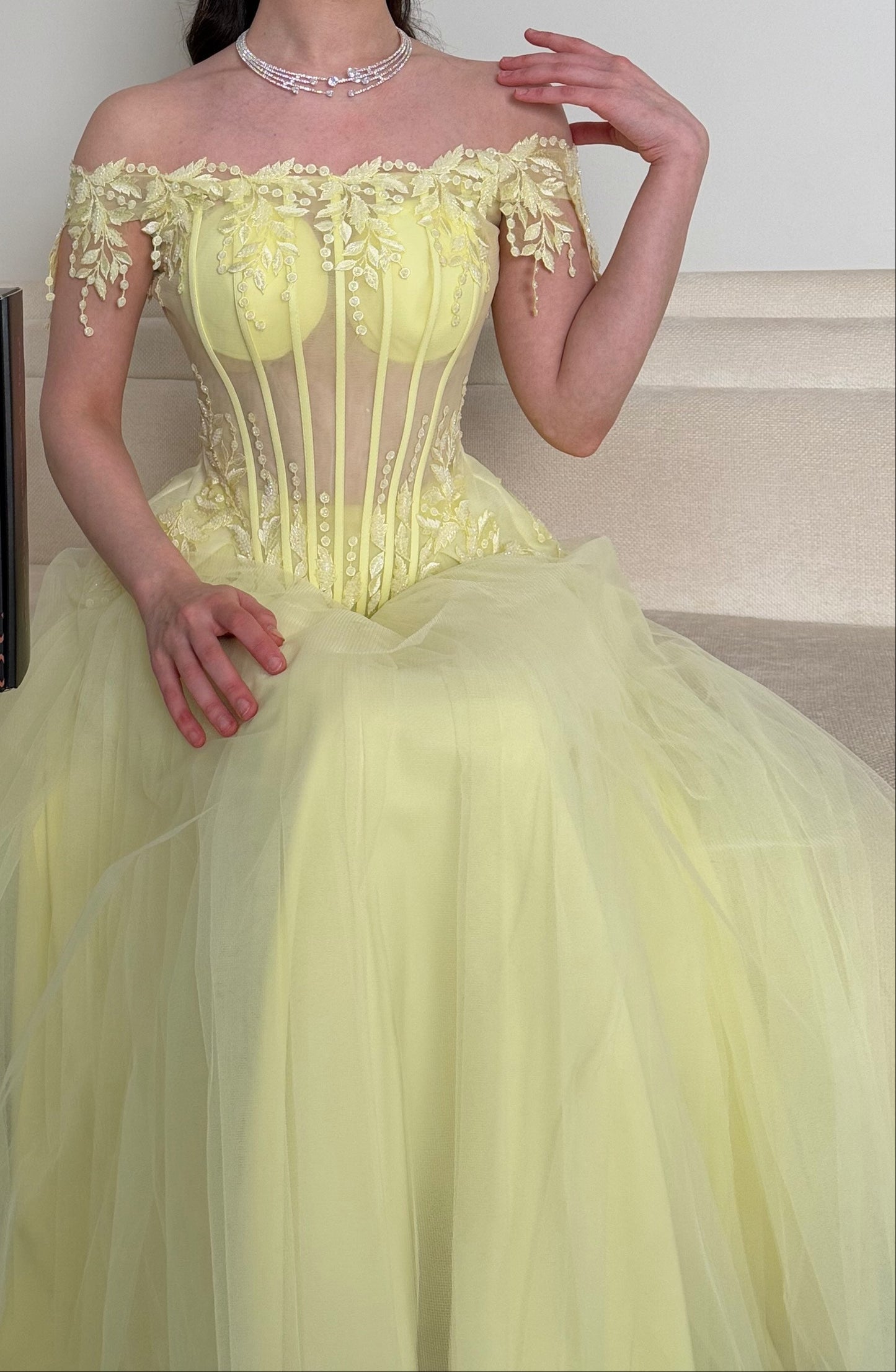 Off-the-Shoulder Corset Gown with Tulle A-Line Skirt