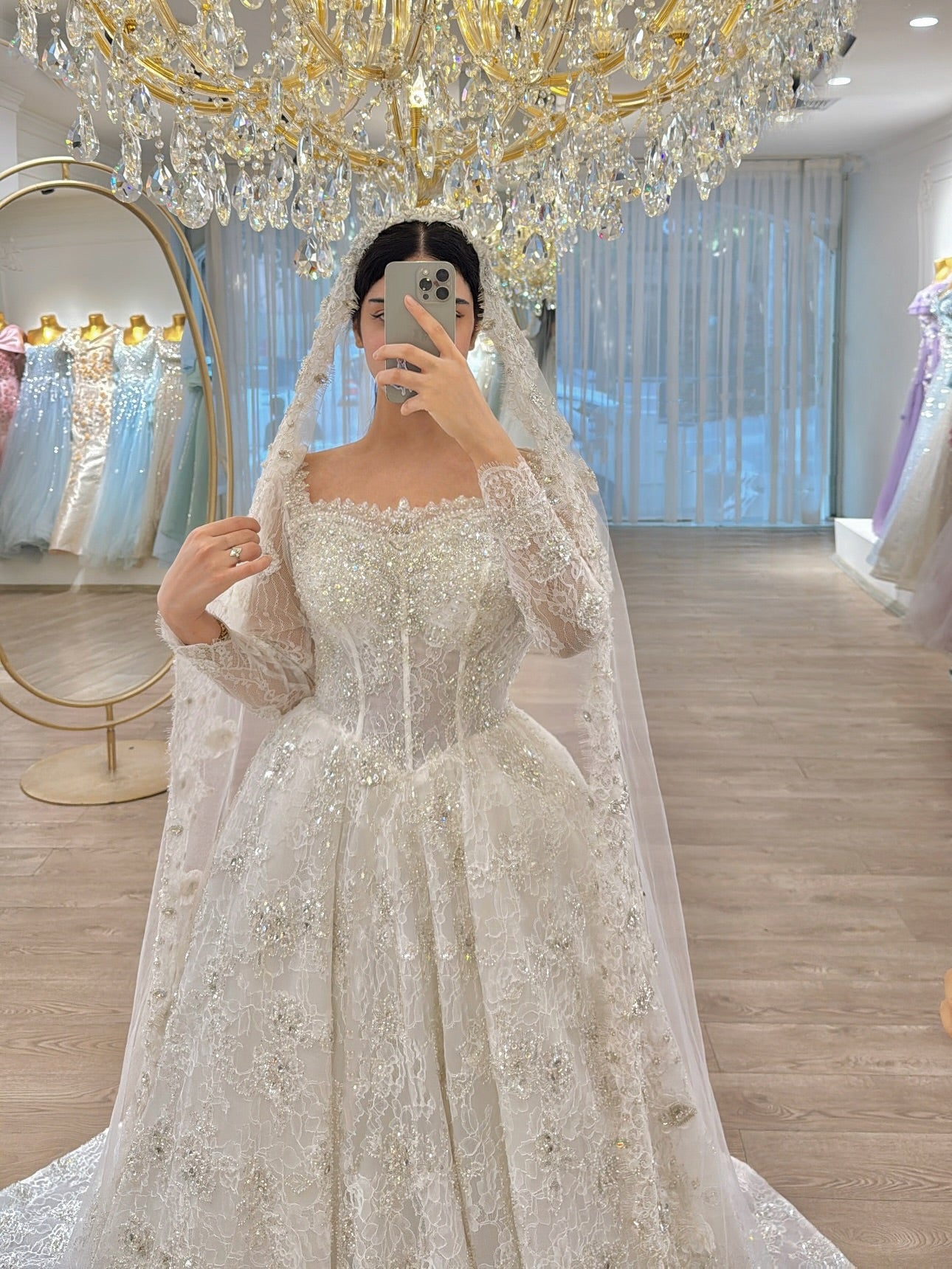 Long Sleeve Beaded Lace Corset Ball Gown Wedding Dress