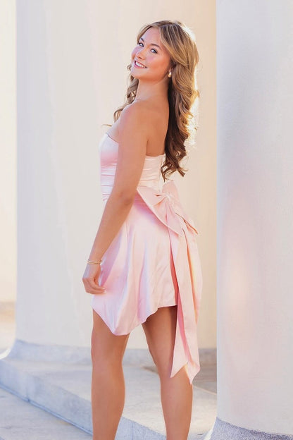 Strapless Satin Mini Dress with Back Bow