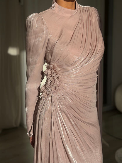 Ruched High-Neck Gown with Cape Sleeve & Rosette