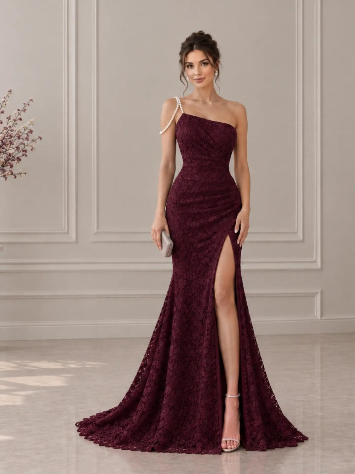 One-Shoulder Lace Gown with Pearl Strap & Slit