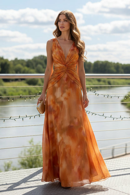 Pleated Twist Bodice Maxi Dress with Abstract Print