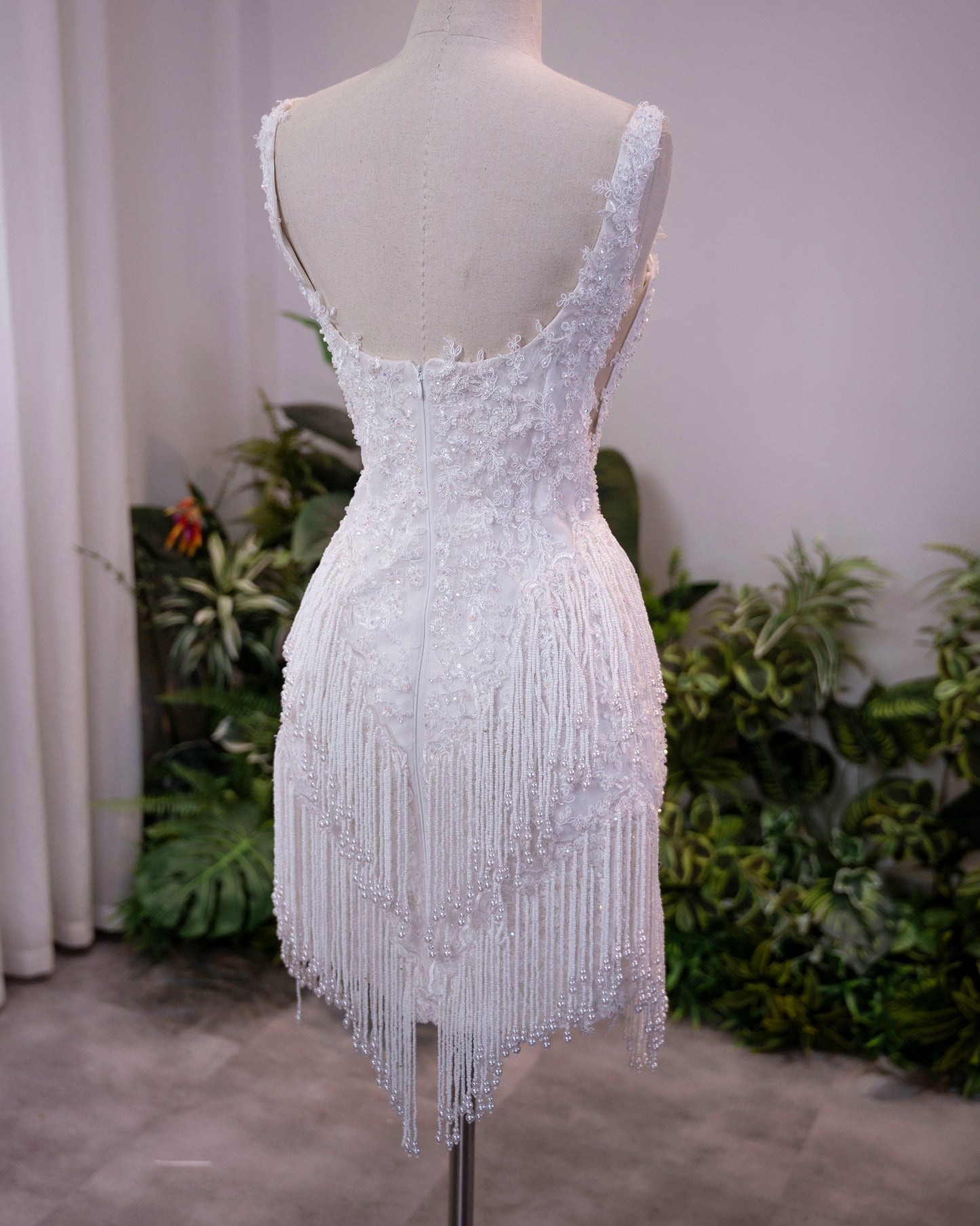 Fringe Beaded Sweetheart Mini Wedding Dress