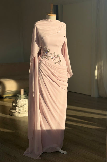 Draped Cape Sleeve Gown with Beaded Waist Detail