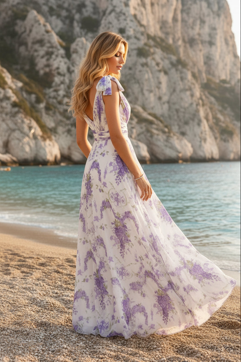 Floral Print Maxi Dress with Bow-Tie Shoulder Straps
