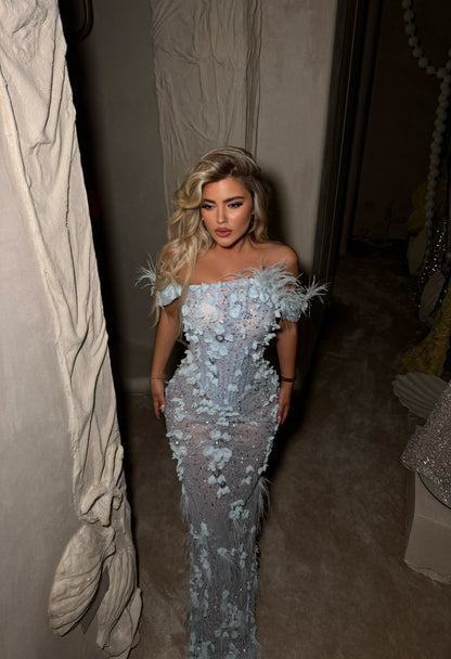 Off-The-Shoulder Feather and 3D Floral Gown