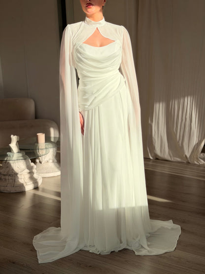High Neck Cutout Cape Sleeve Evening Gown