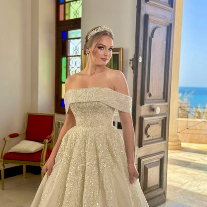 Off-The-Shoulder Beaded Ball Gown Wedding Dress