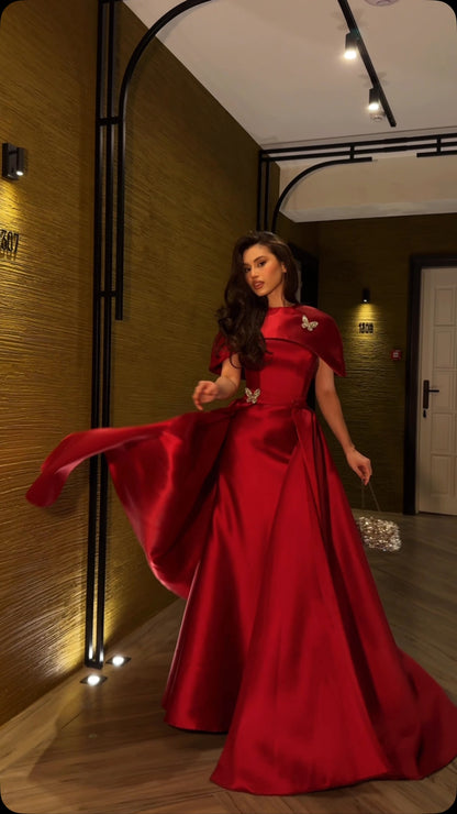 Satin Capelet Evening Gown with Butterfly Accents